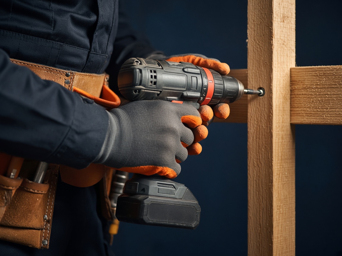 Tradesperson in work gloves using a drill on wood framing